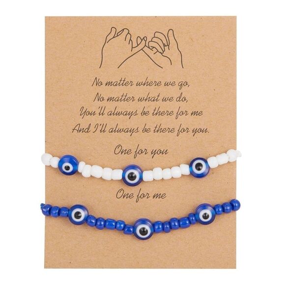 2 pc. Turkish Evil Eye Friendship Blue White Beads Bracelets - Picture 1 of 9